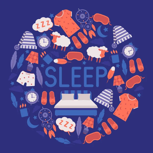 Sono e quarto fornece banner ilustração vetor. Conceito de equipamento noturno e vestuário. Máscara e chapéu de dormir, pijama, relógio, luz da noite, xícara de bebida quente. Cama de dormir grande . —  Vetores de Stock