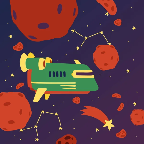 Ruimteschepen in Cosmos met planeten banner vector illustratie. Reis naar nieuwe planeten en melkwegstelsels. Ruimtevaart technologie. Sterrenbeeld met vallende ster. Raket in de ruimte. — Stockvector