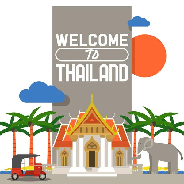 Welcome to Thailand banner. Traditions, culture of country. Ancient memorials, buildings, nature and animals such as elephant. Transport vehicle tuk tuk vector illustration. — Stock Vector