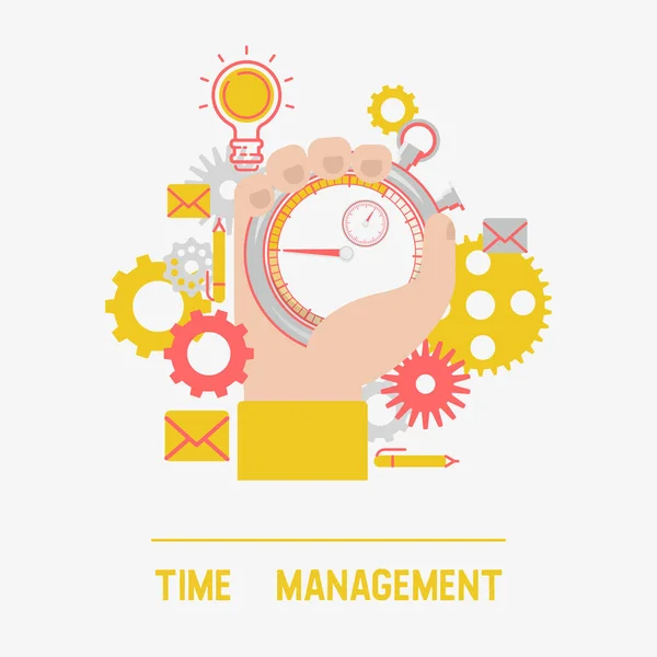 Time management concept banner vector illustration. Male hand holding timer or stopwatch. Time control, planning, limited offer, deadline symbol with gears, envelope and lamp. — Stock Vector