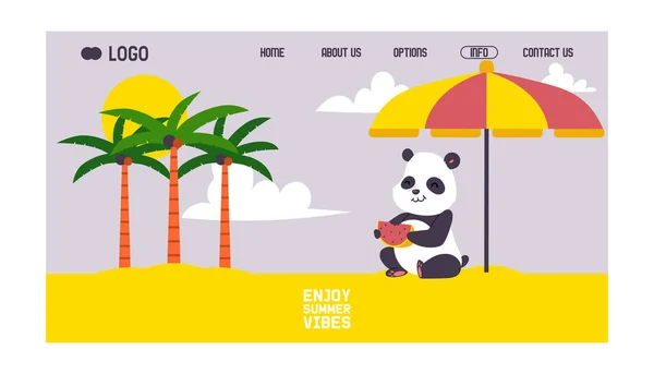 Panda assis sur la plage sous la bannière de parasol illustration vectorielle de conception web. Mignon petit ours qui se repose en vacances. Profitez des vibrations estivales. Palmiers, coucher de soleil et sable . — Image vectorielle