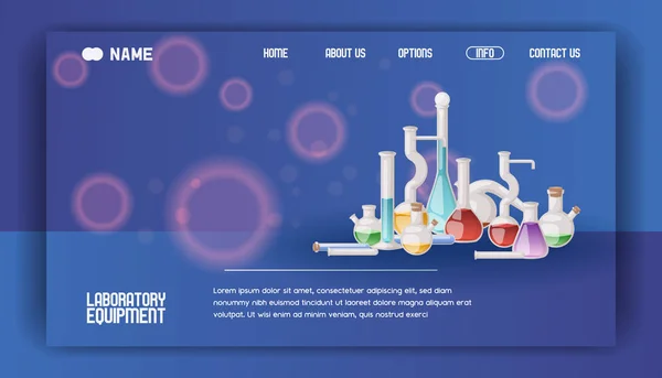 Laboratory equipment banner web design vector illustration. Different glassware and liquid for analysis, test tubes with orange, yellow and red liquid. Chemical and biological experiments. — Stock Vector