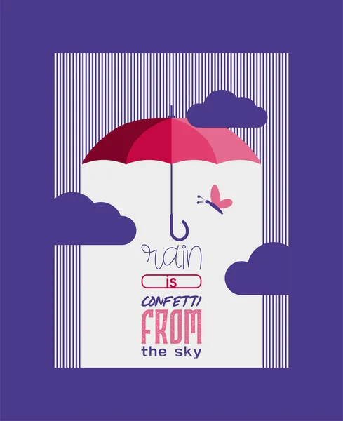 Paraplu of parasol open poster of kaart vector illustratie. Regen is confetti van de hemel. Kleurrijke bescherming tegen regen symbool. Regenachtig weer teken. Gelukkige stemming, geluk, veiligheid. — Stockvector