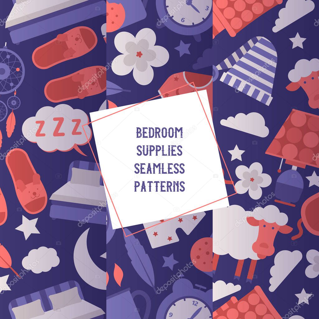 Bedroom supplies set of seamless patterns vector illustration. Night equipment and clothing concept. Sleeping mask and hat, pajama, clock, night light, cup of hot drink. Big sleeping bed.