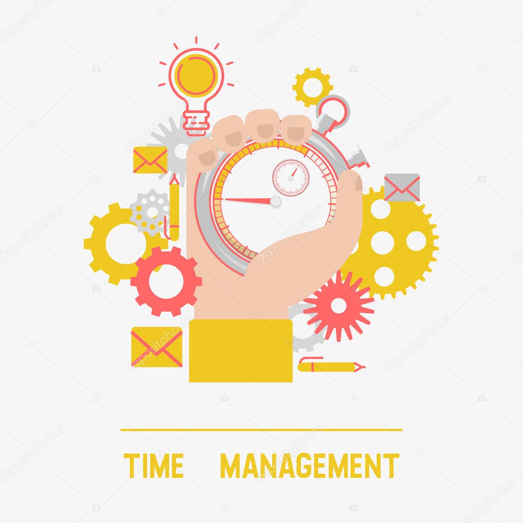 Time management concept banner vector illustration. Male hand holding timer or stopwatch. Time control, planning, limited offer, deadline symbol with gears, envelope and lamp.