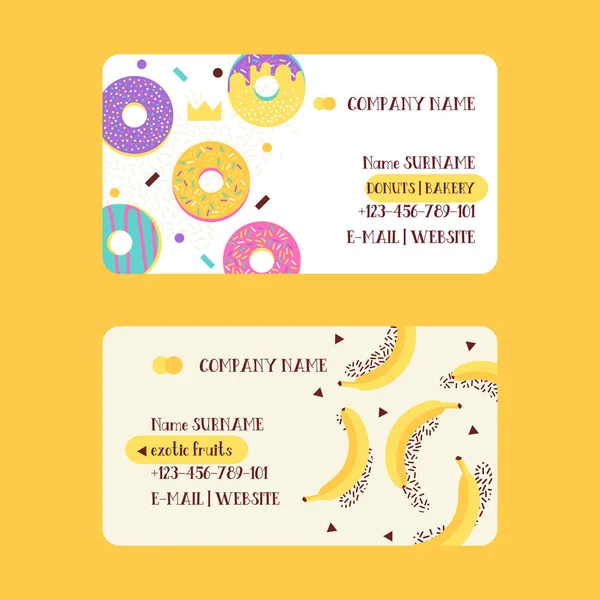 Bakery and donuts, exotic fruits set of business cards vector illustration. Abstract design. Sweets and candies with confetti, crown, bonuts and bakery. Contact information. Email, website. — Stock Vector