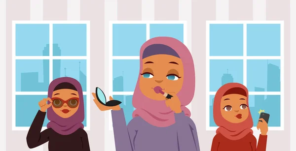 Femmes arabes musulmanes faisant l'illustration vectorielle de bannière de maquillage. Caractère arabe mettant rouge à lèvres et tenant miroir. Fille portant des lunettes, femme faisant selfie photo sur le téléphone dans la chambre . — Image vectorielle