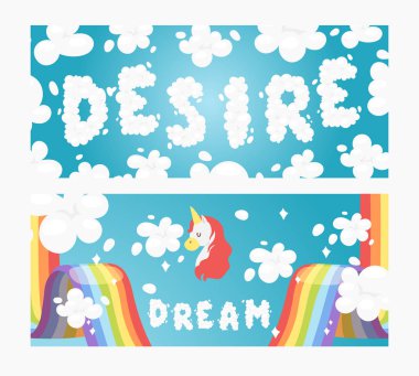 Arzu ve rüya bulutlu kelimeler. Gökkuşağı parlak renkli gökyüzü hava afiş vektör illüstrasyon. Eğri şekli, fantezi sanat bulutlar arka plan. Tek boynuzlu atile sihirli tasarım. Arzu.