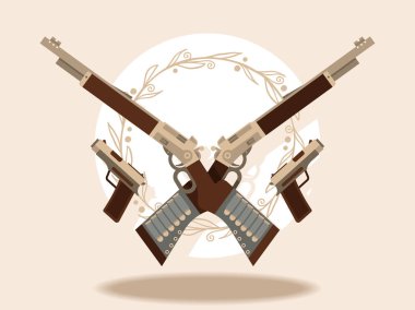 Vahşi batı Guns ve winchesters afiş vektör illüstrasyon. Otomatik silahlar, makine, tabanca tüfeği. Askeri savaş silahları. Hotgun ve tabanca koleksiyonu. Çekim için vintage nesneler.