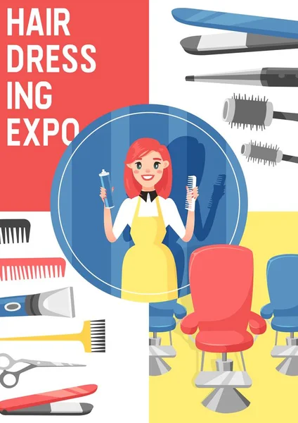 Peluquería expo, equipo de salón de belleza póster ilustración vector plano. Mujer cortadora de pelo en delantal. Suministros para cortar. Plancha para rizar, tijeras, silla y peines. Herramientas para estilista . — Vector de stock