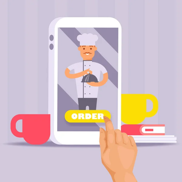 Ilustrasi vektor banner aplikasi makanan. Tangan menyentuh layar smartphone melakukan pesanan. Masak dengan seragam menyajikan hidangan di piring. Layanan pengiriman online makanan cepat saji . - Stok Vektor