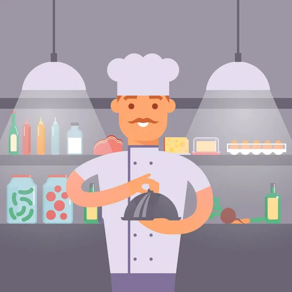 Koch in Uniform hält rundes Cloche Tablett mit Lebensmitteln auf Restaurant Küche Hintergrund Banner Vektor Illustration. Mann Koch serviert seine Spezialität im Café. Beruf Koch. Mehlprodukte. — Stockvektor