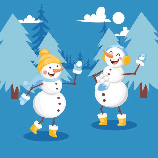 Сніговики мають сніговий банер Векторні ілюстрації. Веселі мультиплікаційні плоскі персонажі в капелюсі, шарфі, мінтернах і вухах. Гра в сніговий ліс. Зимова діяльність . — стоковий вектор