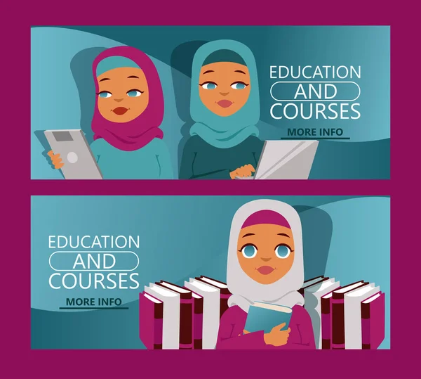 Mujer árabe en la educación a distancia conjunto de pancartas. Cursos en línea, e-learning, tutoriales ilustración vectorial sitio web. Personaje árabe que sostiene gadgets como portátil y tableta . — Vector de stock