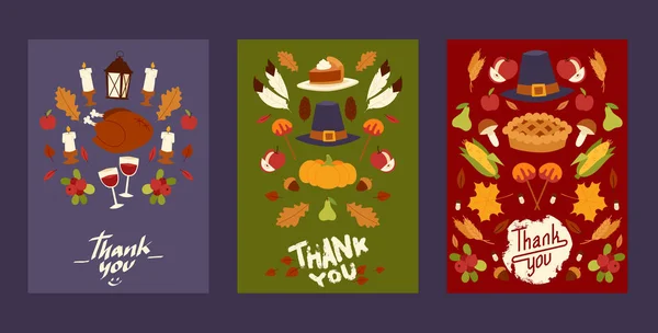 Thanksgiving holiday set of cards, posters with traditional turkey and fruit pie, pumpkin, apples and mushroom harvest vector illustration. Autumn maple leaf for thanksgiving day. — Stock Vector