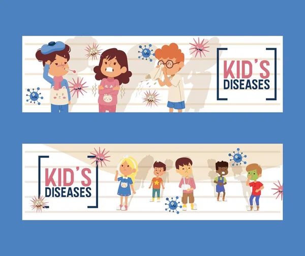 Niños enfermedades conjunto de pancartas. Niños enfermos, enfermos con microbios ilustración vectorial. Colección de virus de dibujos animados. Microorganismos malos para los niños. Diferentes bacterias repugnantes . — Vector de stock