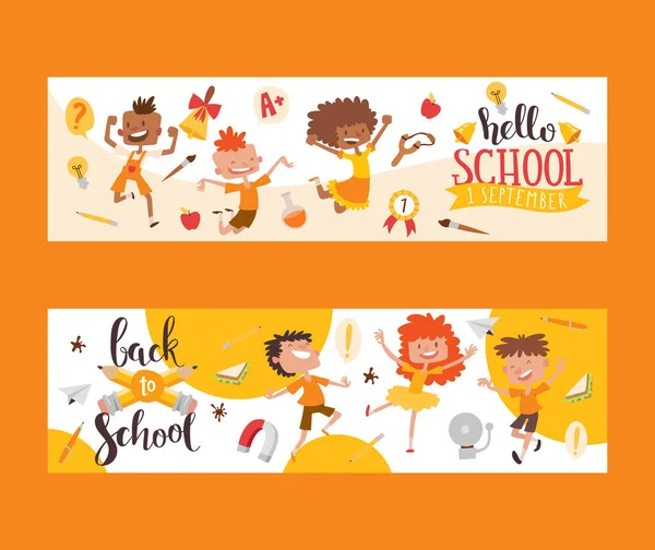 Back to school set of banners. Kids, children with education equipment vector illustration. School supplies, colorful office accessories. Pen, pencil, paints, stationary, bell and lamp. — Stock Vector