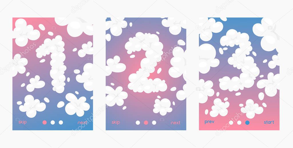 Clouds font numbers set of posters, cards vector illustration. Sky of blue and pink color. Sky with different numbers text and cloudy background. Web design with functional buttons.