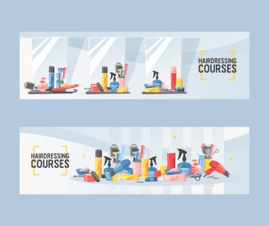Afiş vektör illüstrasyon salon seti kuaför kursları. Ayna ve saç kesimi veya saç modeli yapmak için malzemeleri ile tablo. Kurutucu, fan, makas, süper sprey ve tarak.