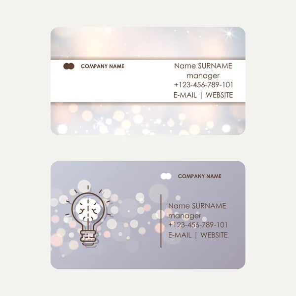 Manager with abstract bokeh lights set of business cards vector illustration. Silver sparkles, shiny defocused dots on soft light festive background. Lamp with brain. Idea concept. — Stock Vector