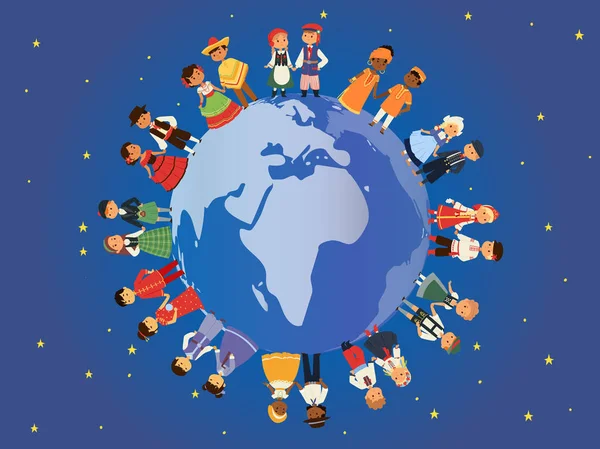Children of different nationalities around earth banner vector illustration. Kids characters in traditional costume national dress. Cultures. International multicultural friendship. — Stock Vector
