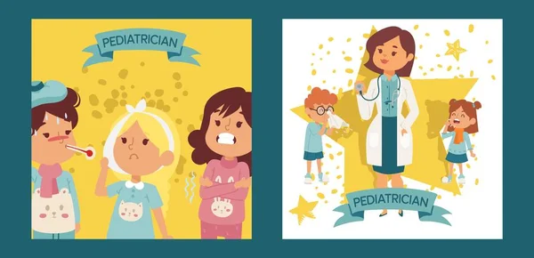 Pediatra médico femenino con niños enfermos conjunto de carteles, tarjetas de ilustración vectorial. Médico otorrinolaringólogo o médico con equipo. Mujer sosteniendo estetoscopio. Niños enfermos. . — Vector de stock