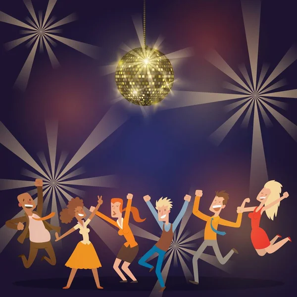 Discoball en el banner de la barra, ilustración del vector del cartel. Gente bailando en la fiesta. Mujeres y hombres divirtiéndose, actuando. Brillante bola disco. Música rápida en el club nocturno. Entretenimiento nocturno . — Archivo Imágenes Vectoriales