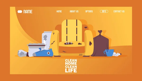Schone Home clean Life banner website ontwerp vector illustratie. Gebroken en vuile stoel, tas met afval of Prullenbak. Gebroken beker en lamp. Het wegwerken van oude huis slechte voorwerpen. — Stockvector