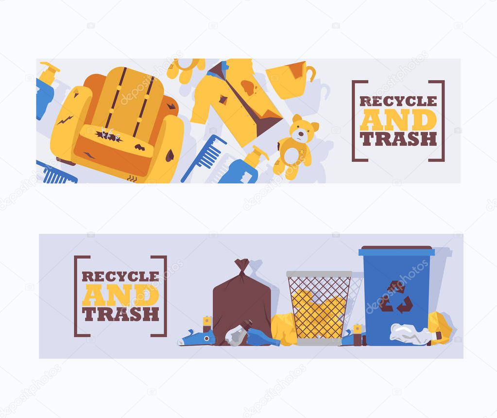 Recycle waste and trash concept banners vector illustration. Littering waste disposed improperly around blue plastic dust bin. Recycled garbage can. Rubbish on ground. Broken chair.