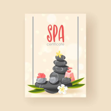 Spa sertifika posteri, afiş vektör illüstrasyon. Açık arka plandaki taşlar. Plumeria çiçekli çakıl taşları. Spa salonu, kozmetik, masaj reklam için şablon. Güzellik.