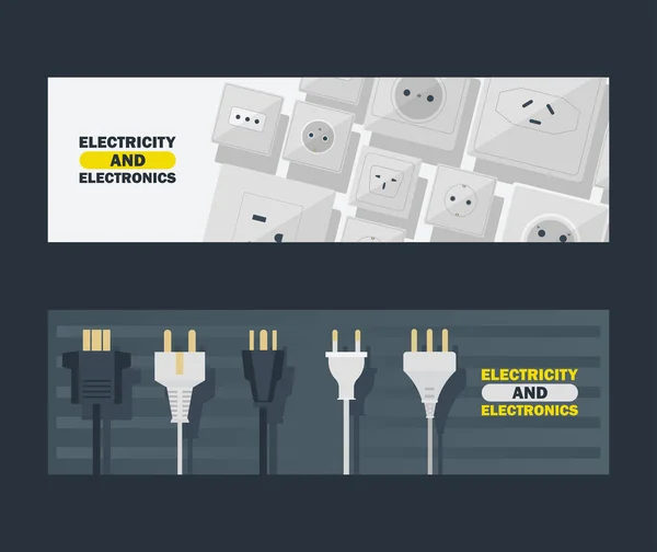 Ηλεκτρικά και ηλεκτρονικά σετ πανό εικονογράφηση φορέα. Μαύρο και άσπρο βύσματα και ηλεκτρική πρίζα. Εικονίδιο συσκευής για τη σύνδεση ηλεκτρικών συσκευών, εξοπλισμού. Βύσματα και υποδοχές. — Διανυσματικό Αρχείο
