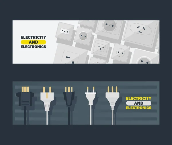 Elektriciteit en elektronica set banners vector illustratie. Zwart-wit stekkers en stopcontact. Pictogram van het apparaat voor het aansluiten van elektrische apparaten, apparatuur. Stekkers en stopcontacten. — Stockvector