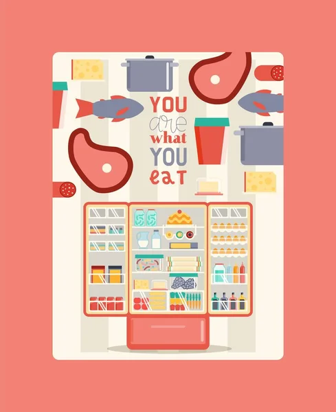 Refregerator full of food poster vector illustration. Open cooler with fruits and vegetables, different sauces and drinks. Meat and fish on shelves. You are what you eat. — Stock Vector