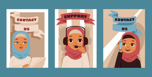 Arabe femme dans le centre d'appels occupation ensemble d'affiches ou de cartes. Personnages du service client. Illustration vectorielle de personnes arabes ou musulmanes. Les filles parlent sur le support de téléphone mobile . — Image vectorielle
