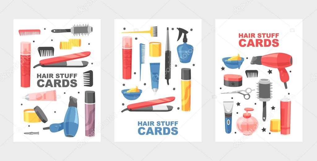 Hair stuff set of cards, posters vector illustrations. Supplies for doing haircut or hairstyle. Dryer, fan, scissors, super spray and combs. Equipment for stylist. Dye tools.