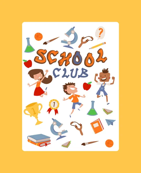 Cartel del club escolar. Niños con ilustración vectorial de equipo educativo. Material escolar, coloridos accesorios de oficina como lápiz, pinturas y miscroscopio. Club de niños o niños . — Vector de stock