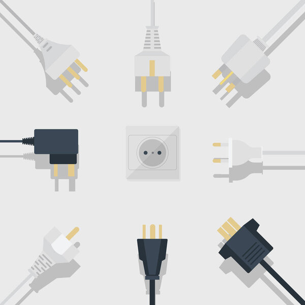 Electric supplies banner vector illustration. Black and white plugs and electrical outlet. Icon of device for connecting electrical appliances, equipment. Plugs and socket.