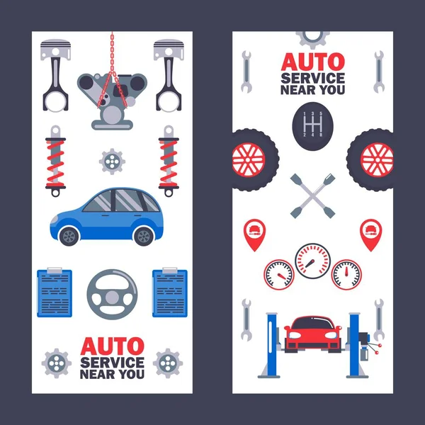 Bandeiras de serviço de carro, ilustração vetorial. Centro profissional de manutenção de automóveis, reparação de veículos, diagnósticos e sintonia. Ícones de equipamentos de carro, ferramentas, peças de reposição e instrumentos — Vetor de Stock