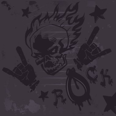 Grunge hard rock grafiti posteri, vektör illüstrasyon. Yanan kafatası dövmesi, rock kulübü duvar dekorasyonu, metal müzik grubu albüm kapağı, punk t-shirt baskı