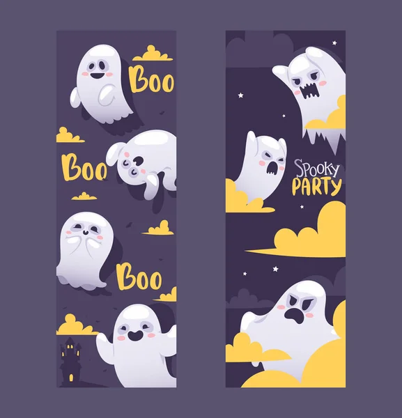 Halloween night ghosts invitation vector illustration banners. Flying spirits with various emotions, funny cartoon characters. Screaming and angry, smiling and happy ghosts on halloween night