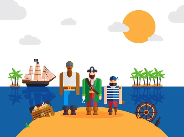 Pirates sur l'île déserte, illustration vectorielle. Personnages drôles de dessins animés, capitaine pirate et marins. Corsaires des Caraïbes perdus sur une île au trésor — Image vectorielle