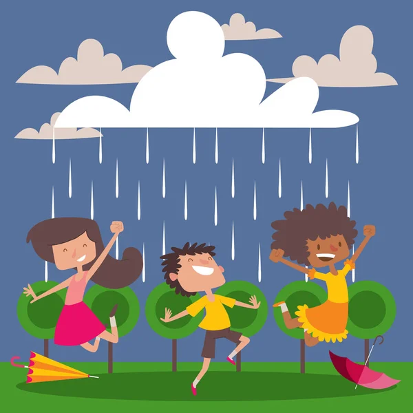 Los niños disfrutan de la lluvia, ilustración vectorial. Personajes de dibujos animados, niños felices bailando y saltando bajo la lluvia. Alegre chico y chica en un parque en las vacaciones de verano — Archivo Imágenes Vectoriales
