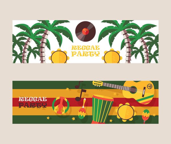 Reggae party invitation, vector illustration. Jamaican style music festival announcement. Colorful flat design banners for reggae event