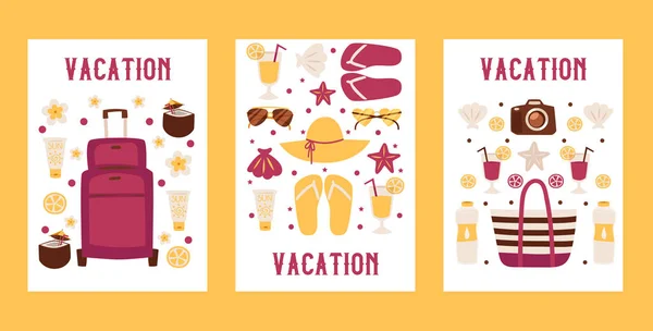 Banderas de vacaciones de verano, ilustración vectorial. Volante de agencia de viajes, iconos aislados de estilo plano de los accesorios de vacaciones. Anuncio de turismo, playa y ocio de playa — Vector de stock