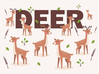 Beyaz arka plan, düz karikatür tarzında vektör illüstrasyon izole geyik. Sevimli benekli geyik karakteri. Genç reindeer hayvanlar, mutlu ve gülümseyen ile Desen