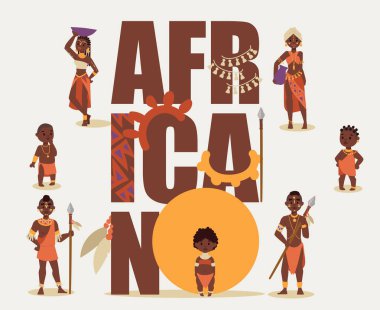 Afrika yerlisi kabile insanlar beyaz arka plan, vektör illüstrasyon izole. Geleneksel kıyafetler, karikatür tarzında erkek kadın ve çocuklar Afrika Etnik aborjinler