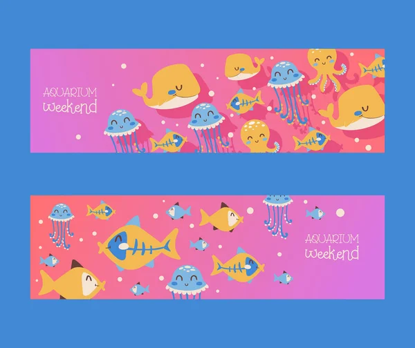 Bandeiras de aquário com peixe, água-viva, polvo e baleia. Ilustração vetorial em estilo cartoon plana. Convite para o fim de semana do aquário do evento, duas bandeiras coloridas — Vetor de Stock