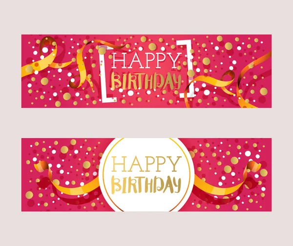 Happy birthday banner, vector illustration. Greeting card, gift tag, invitation to birthday party celebration or website header, decorated with colorful confetti and streamer ribbons — Stock Vector