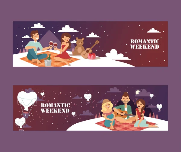Ρομαντικό πικ-νικ για το Σαββατοκύριακο, απεικόνιση διάνυσμα. Νεαρό ζευγάρι σε ένα ρομαντικό ραντεβού κάτω από τα αστέρια, με κρασί και δώρα. Οι καλύτεροι φίλοι σε ένα πικνίκ σε εξωτερικούς χώρους στα βουνά — Διανυσματικό Αρχείο