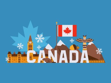 Kanada'nın ana turistik sembolleri, vektör illüstrasyonu. Kırmızı akçaağaç yaprağı, dağlar, totem direği, Ottawa parlamento binası ile Kanada bayrağı. Düz stil kolaj